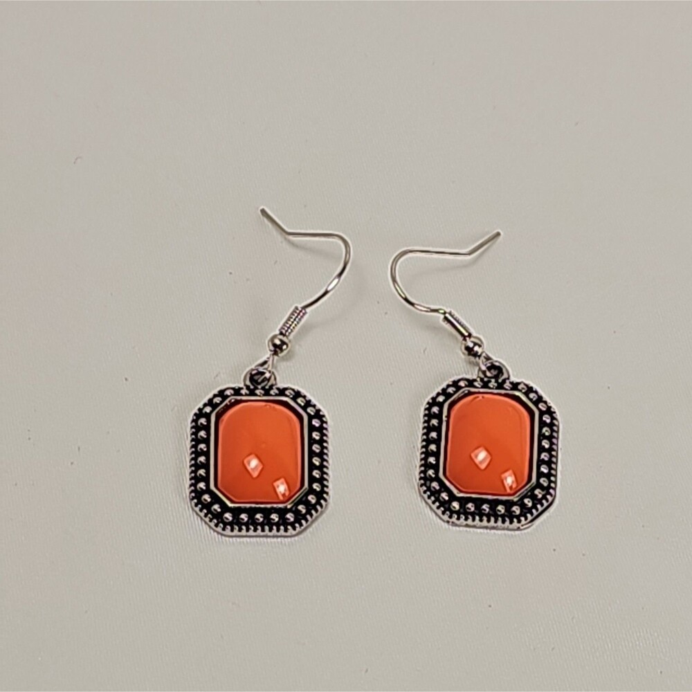 Orange Cabochon Dangle Earrings Silver Tone Modern Costume Jewelry